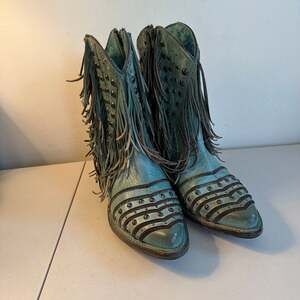 Corral Women's Turquoise Distressed Leather Fringe Studded Western Boots